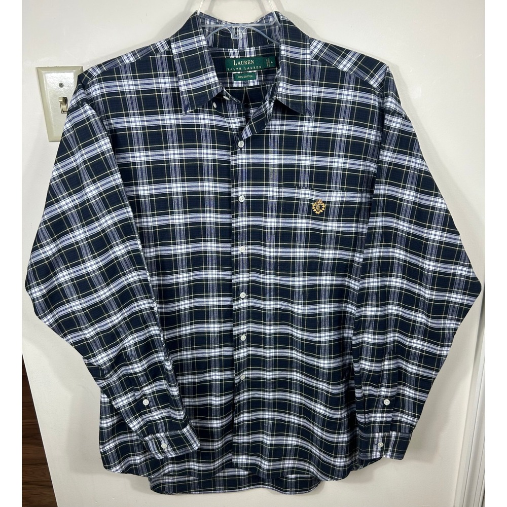 Lauren Ralph Lauren Button Down Shirt Mens L Navy Blue Plaid Crest Logo Cotton